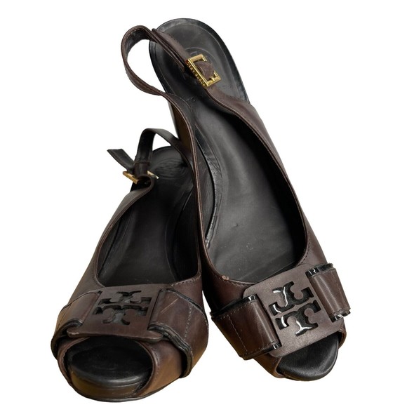 Tory Burch Shoes - Tory Burch Peep Toe Heels Slingback Pump Womens Sz 8.5 Monogram Logo Adjustable